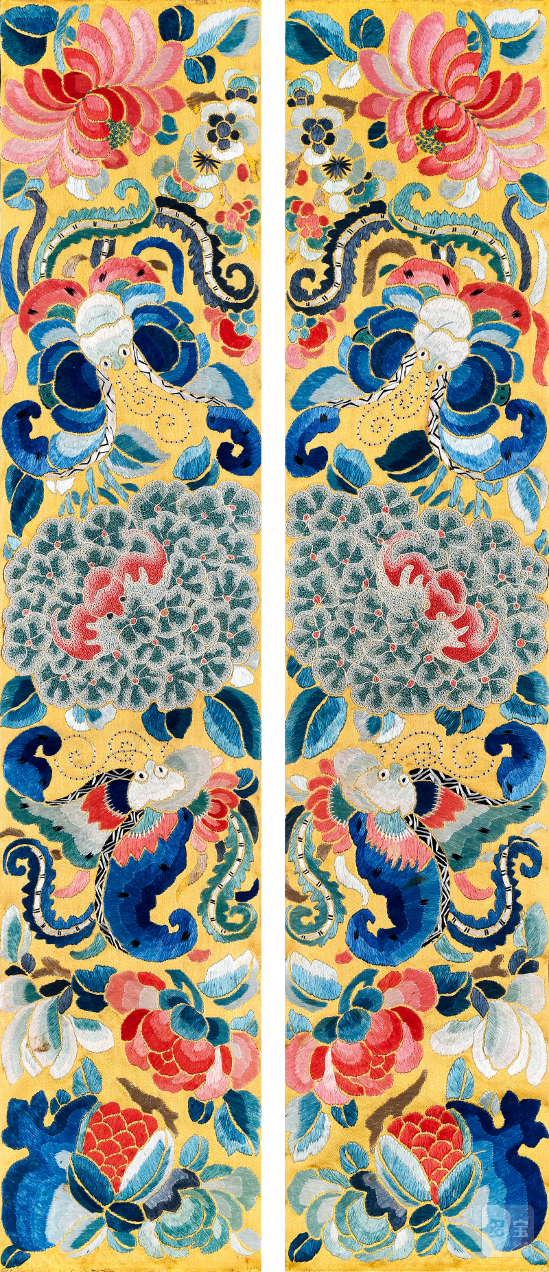 清 黄缎地绣球花纹挽袖